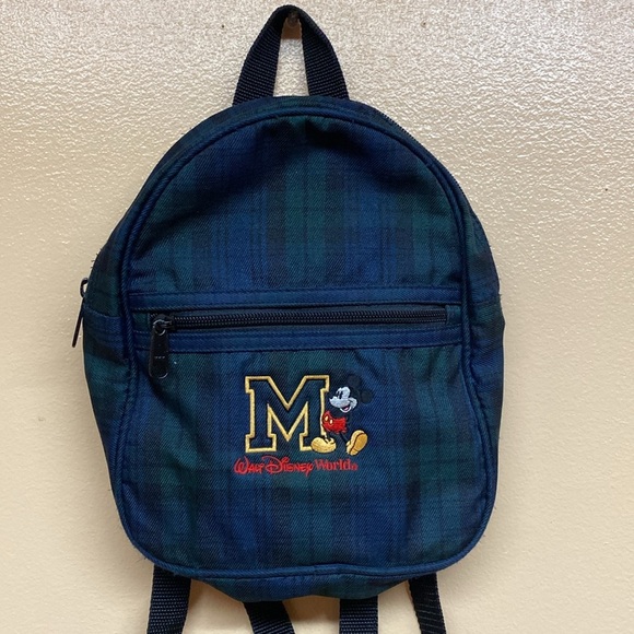 Vintage Walt Disney World Mickey Mouse Green Blue Plaid Mini Backpack - Picture 11 of 13